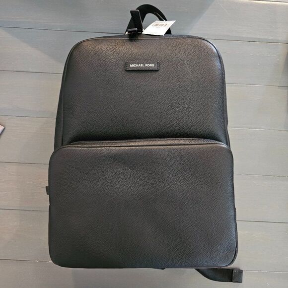 Michael Kors Men’s Black Front Zippers Pocket Leather Travel Backpack - Picture 9 of 16